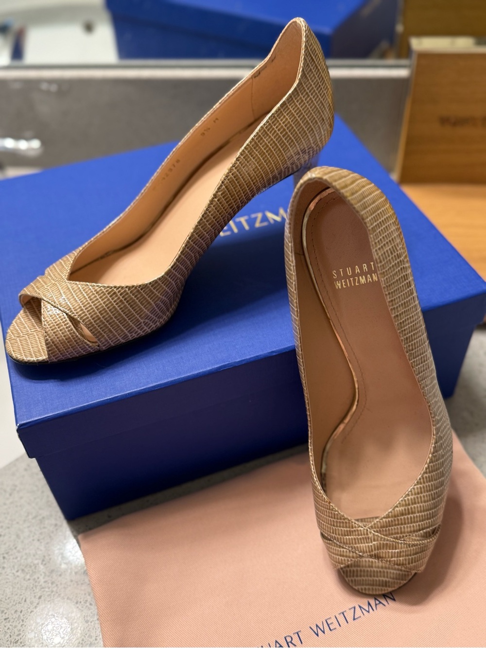 Stuart Weitzman Taupe Lizard-Embossed Peep-Toe Pumps